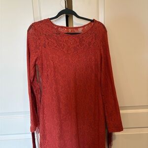 Idyllwind Red Lace Long-Sleeve Fringe Dress